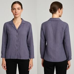 Vintage FLAX by Jeanne Engelhart 100% Linen Button Front Shirt Small Purple Blue